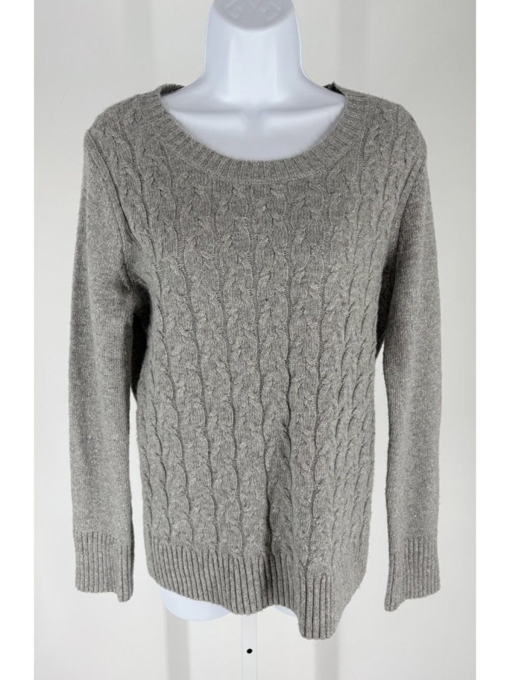 Banana Republic Gray and Silver Metallic Cable-Knit Crewneck Sweater